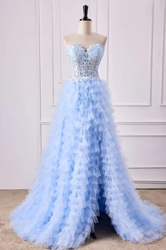 A-Line Light Blue Lace Ruffle Prom Dress Corset Sweetheart Strapless sold by My Chic Dress