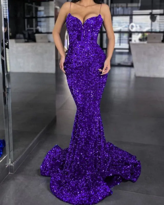 Mermaid Purple Sequin Prom Dress V Neck Formal Gown Spaghetti Strap sold by My Chic Dress
