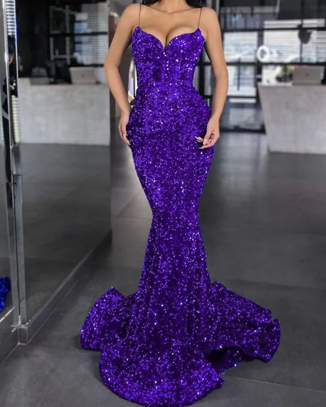 Mermaid Purple Sequin Prom Dress V Neck Formal Gown Spaghetti Strap sold by My Chic Dress