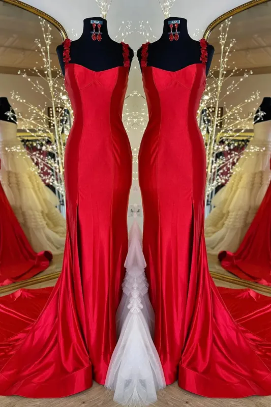 Satin Long Prom Dress Red Mermaid with Flower Straps sold by My Chic Dress