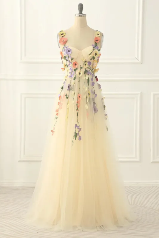 Classy Long Yellow Floral Prom Dresses Sweetheart Evening Dress sold by My Chic Dress