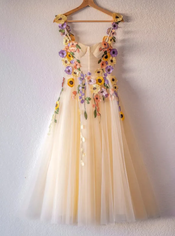 Tea Length Floral Prom Dresses Champagne Tulle 3D Flowers sold by My Chic Dress