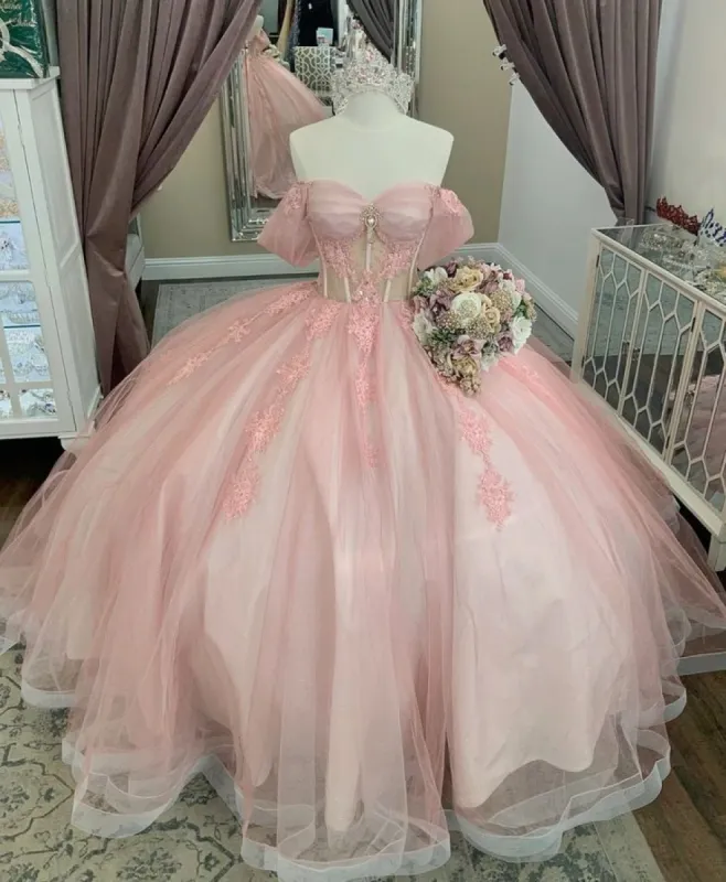 Ball-Gown Off-the-Shoulder Quinceanera Dress Light Pink Tulle Appliques sold by My Chic Dress