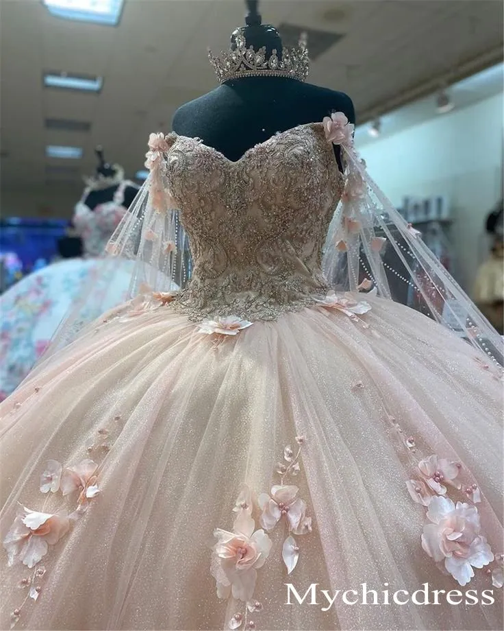 Floral Ball Gown Sweet 16 Dress Pearls Pink Quince Dresses With Wraps sold by My Chic Dress product image thumbnail 2