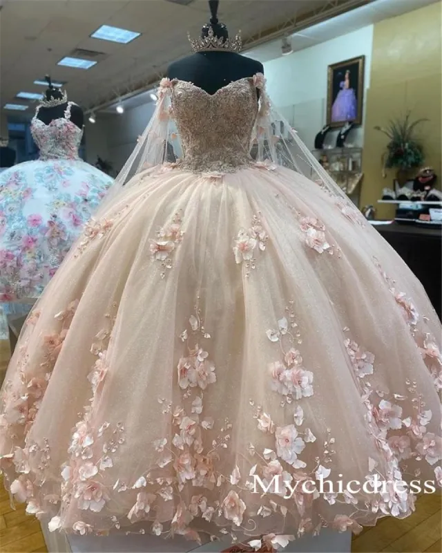 Floral Ball Gown Sweet 16 Dress Pearls Pink Quince Dresses With Wraps sold by My Chic Dress