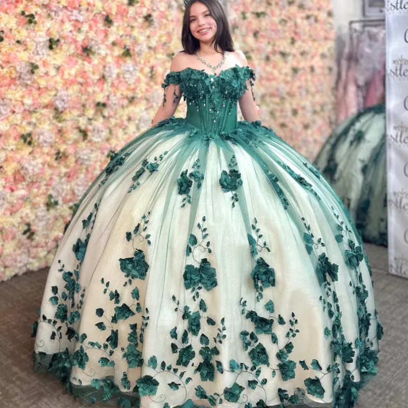 Tulle Appliques Off Shoulder Quince Dress Emerald Green 3D Flowers Beaded sold by My Chic Dress