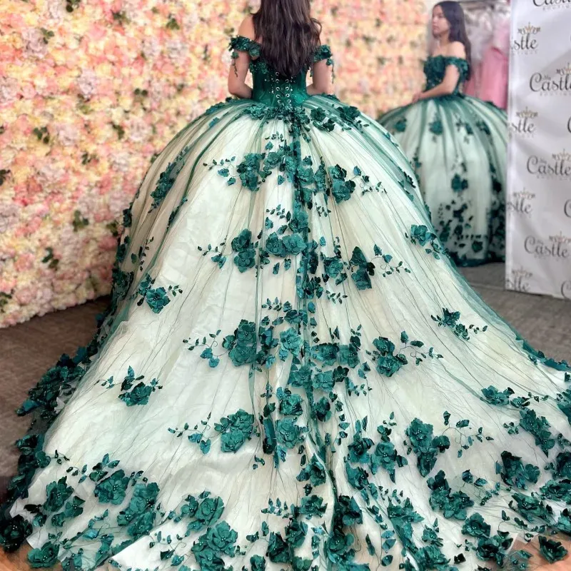 Tulle Appliques Off Shoulder Quince Dress Emerald Green 3D Flowers Beaded sold by My Chic Dress product image thumbnail 2