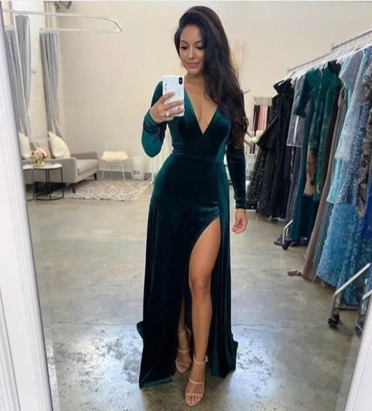 Long Sleeves Hunter Velvet Formal Dress for Wedding Guests Split sold by My Chic Dress