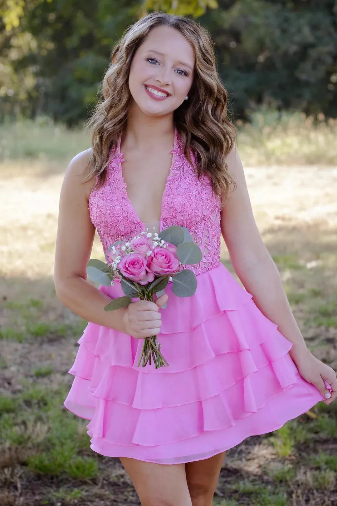 Tiered Ruffle Short Pink Homecoming Dress Lace Appliques Halter Chiffon sold by My Chic Dress