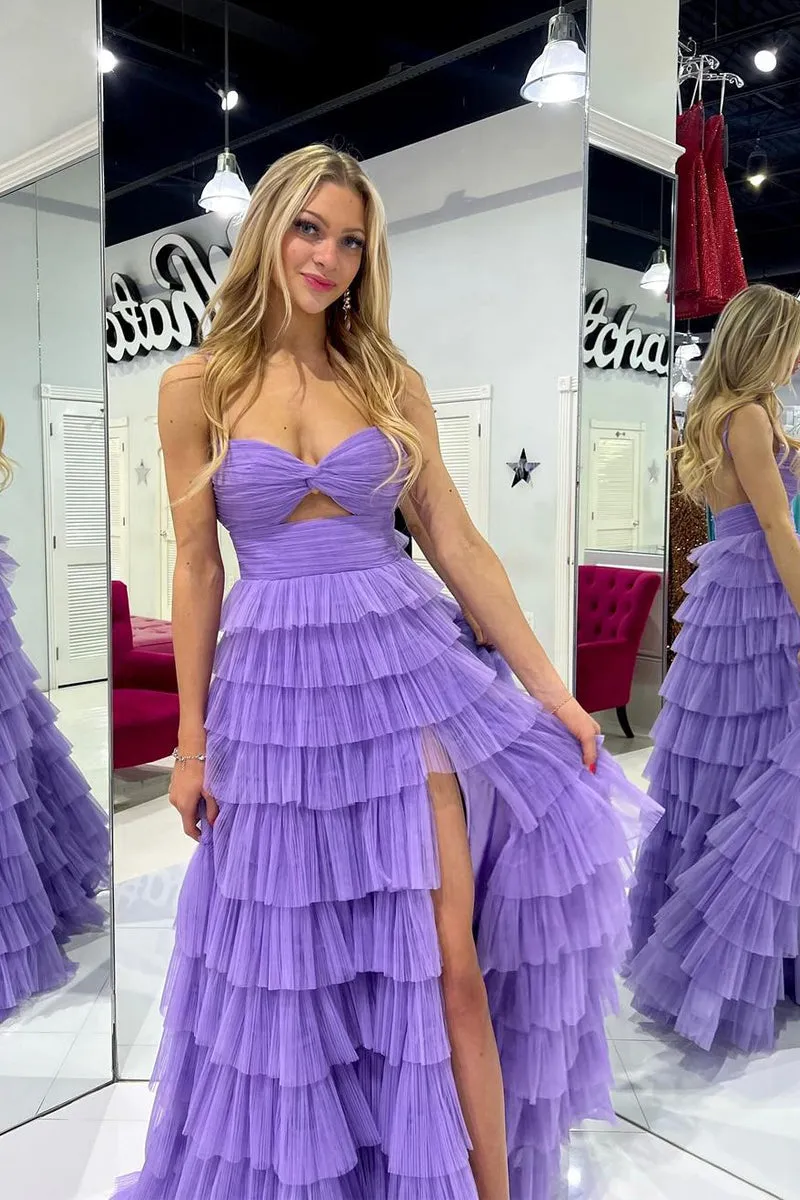 Long Purple Tulle Prom Dresses Ruffle Sweetheart Keyhole Slit sold by My Chic Dress product image thumbnail 2