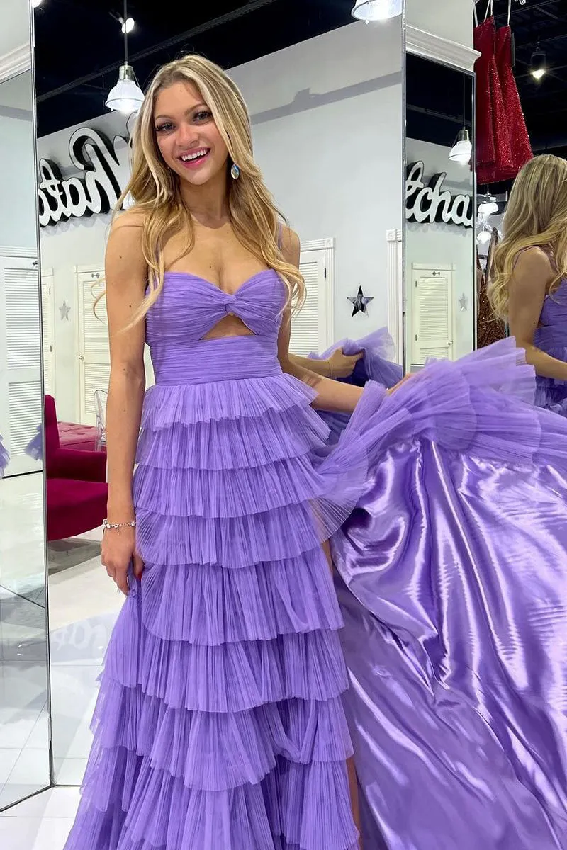 Long Purple Tulle Prom Dresses Ruffle Sweetheart Keyhole Slit sold by My Chic Dress product image thumbnail 3