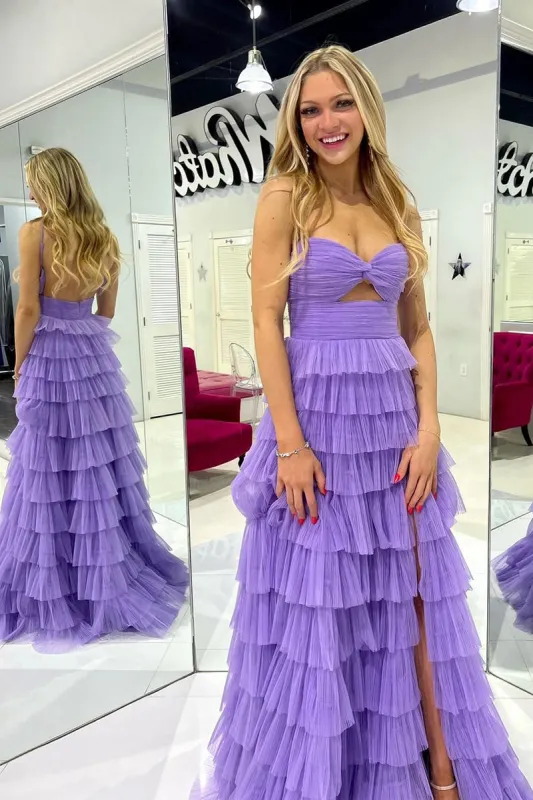 Long Purple Tulle Prom Dresses Ruffle Sweetheart Keyhole Slit sold by My Chic Dress