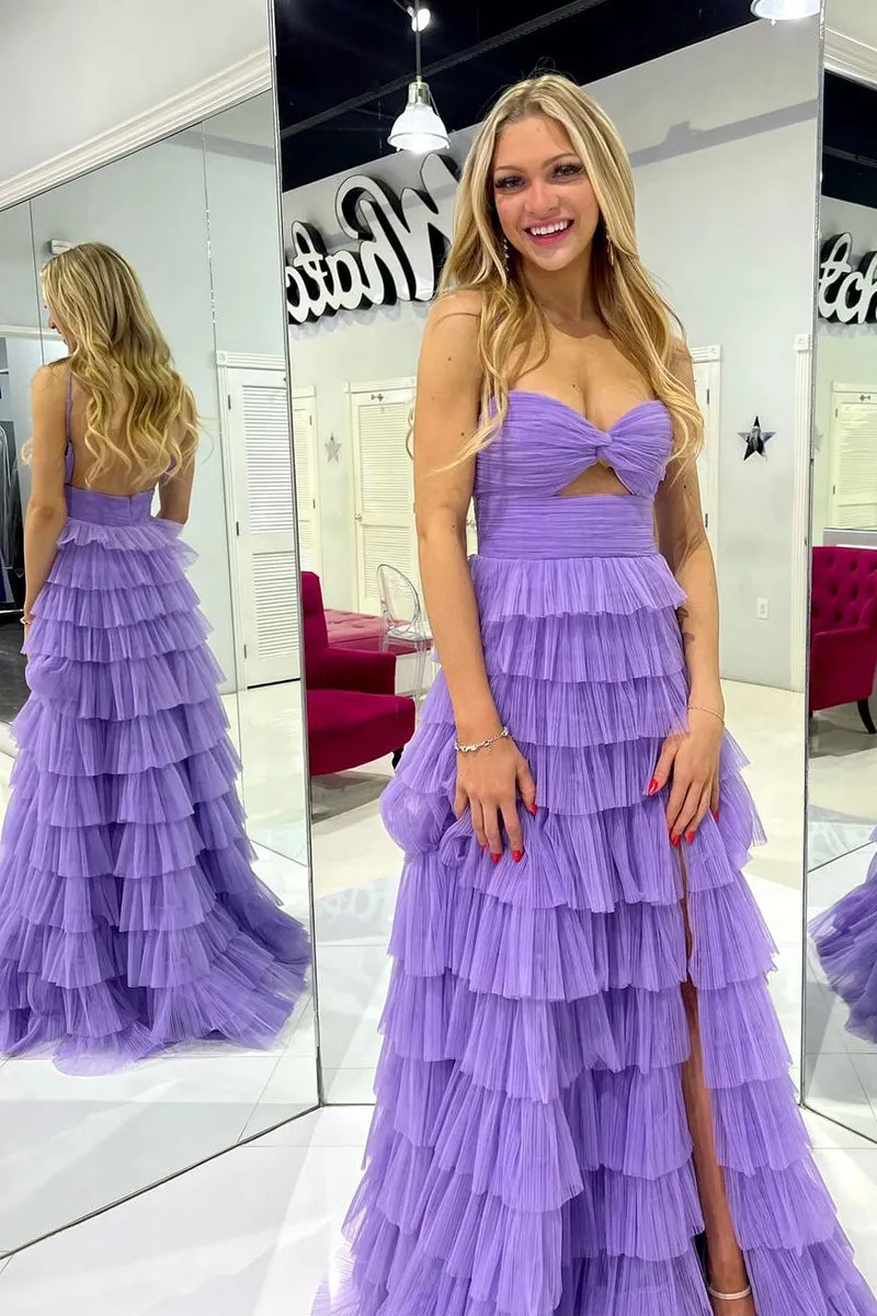 Long Purple Tulle Prom Dresses Ruffle Sweetheart Keyhole Slit sold by My Chic Dress