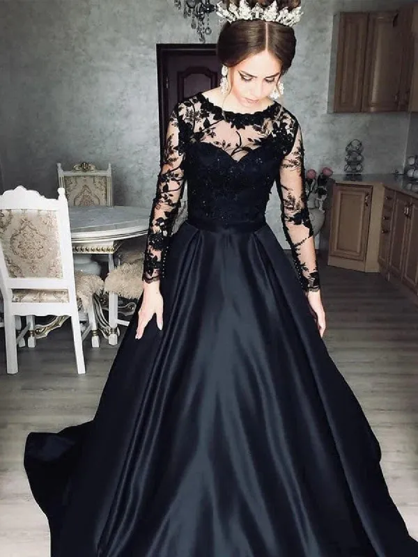 Long Sleeves Black Wedding Dress A-Line Satin Lace Illusion sold by My Chic Dress