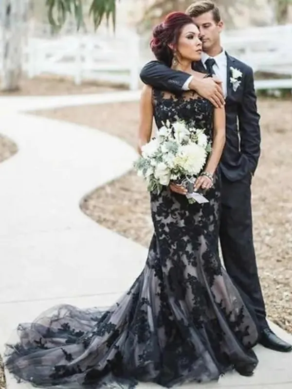 Mermaid Lace Tulle Black Wedding Dress Gothic Bateau Sleeveless sold by My Chic Dress