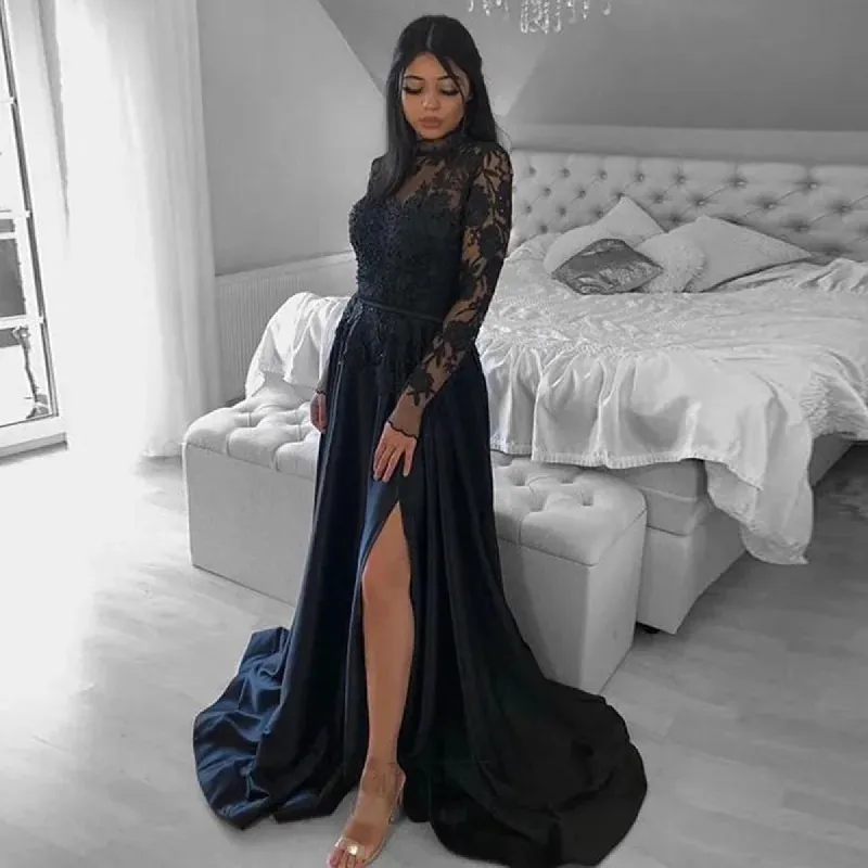 Long Sleeve Black Wedding Gowns Sheer illusion High Neck Lace With Split sold by My Chic Dress