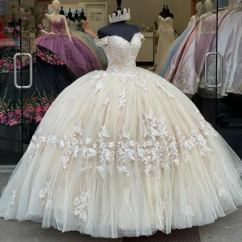 Off The Shoulder Champagne Quinceanera Dress with Lace Appliques sold by My Chic Dress
