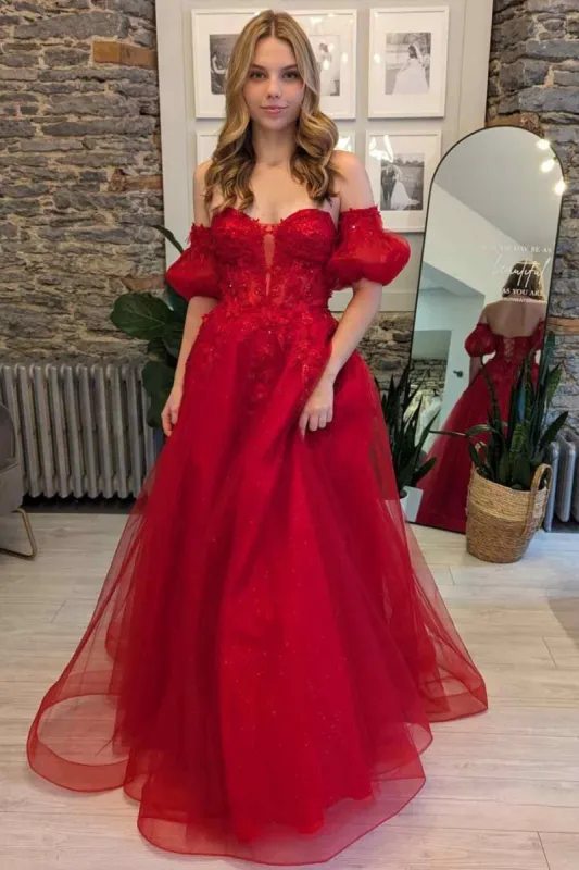 A-Line Long Prom Dress Red Strapless Lace Tulle with Appliques sold by My Chic Dress