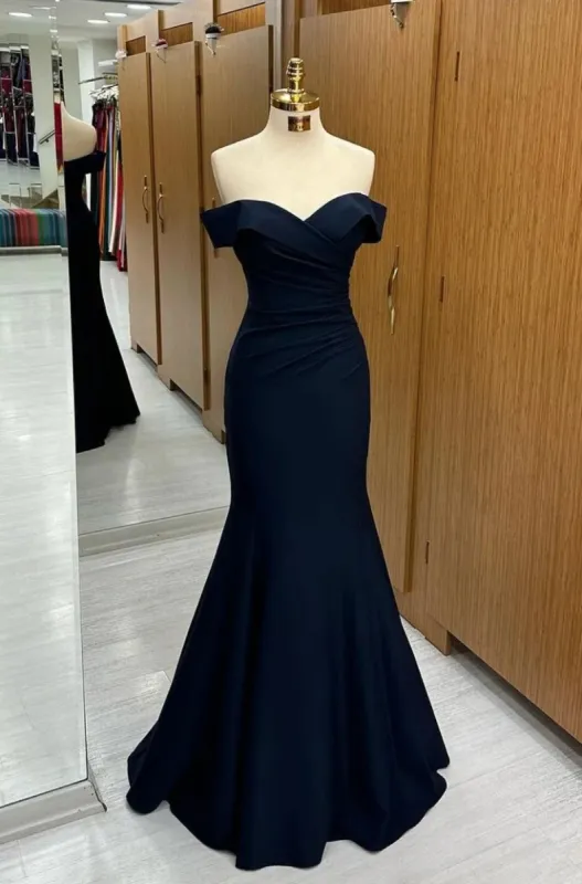 Long Off-the-shoulder Formal Dress Navy Blue Wedding Guest Dress sold by My Chic Dress