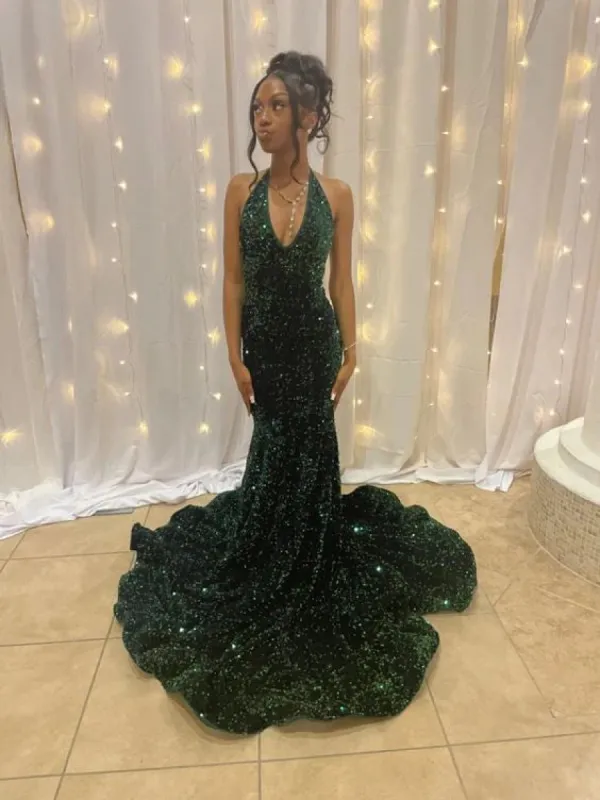 Cheap Long Halter Emerald Green Prom Dresses Sequin Party Formal Dress sold by My Chic Dress