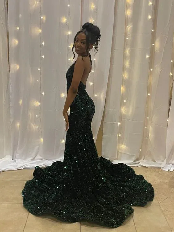 Cheap Long Halter Emerald Green Prom Dresses Sequin Party Formal Dress sold by My Chic Dress product image thumbnail 2