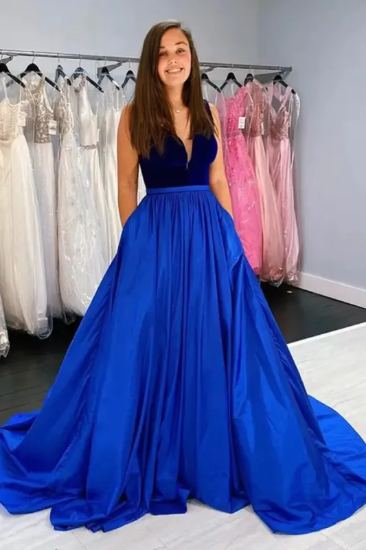 A-line Royal Blue Satin Velvet Prom Dresses V-neck Sweep Train With Pockets sold by My Chic Dress