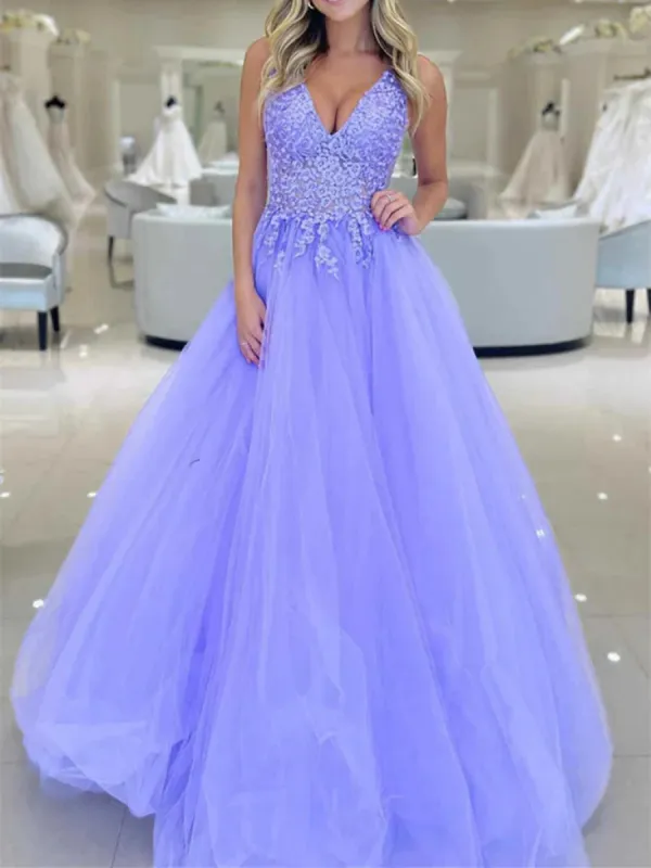 A Line Lavender Lace Prom Dresses V Neck Long Formal Evening Dress sold by My Chic Dress
