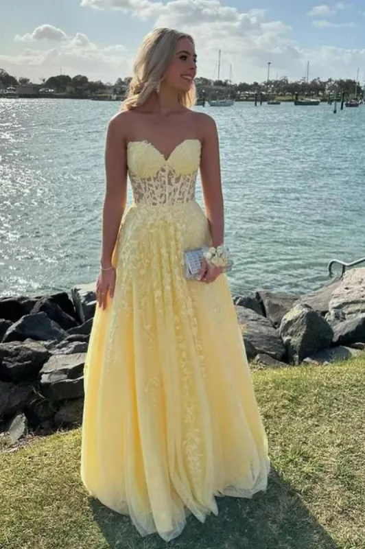 Strapless Yellow Prom Dresses Lace A-Line Formal Wear Online sold by My Chic Dress