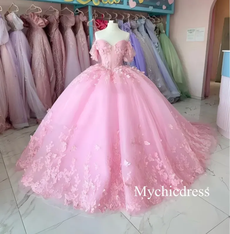 Princess Pink Quince Dress 3D Butterfly Ball Gown XV Dress Off Shoulder sold by My Chic Dress