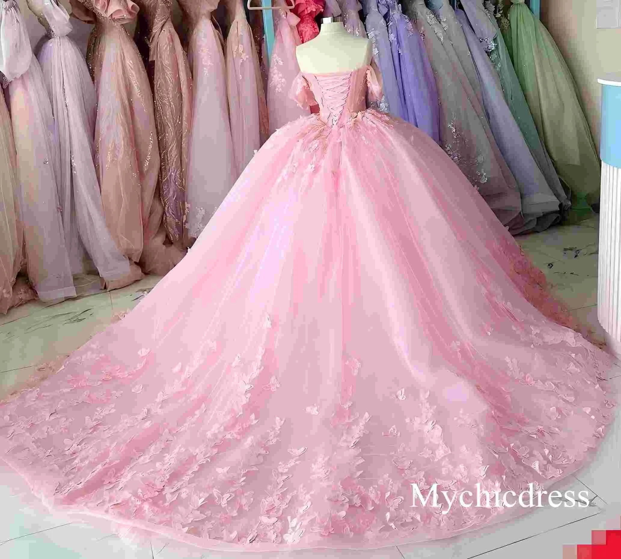 Princess Pink Quince Dress 3D Butterfly Ball Gown XV Dress Off Shoulder sold by My Chic Dress product image thumbnail 2
