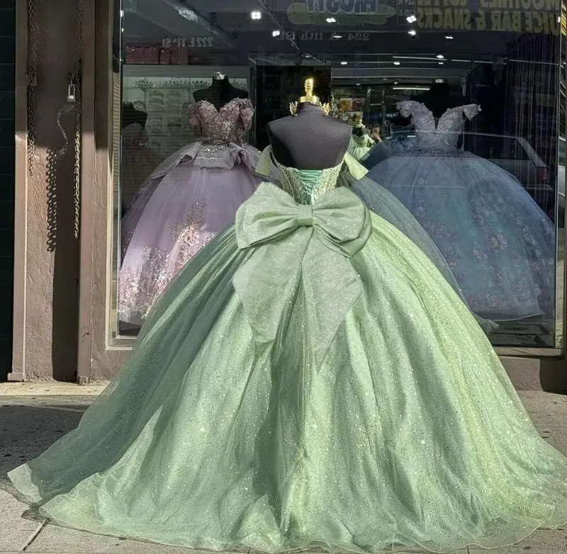Off the shoulder Glitter Sage Green Quince Dresses Beaded with Bow sold by My Chic Dress product image thumbnail 2