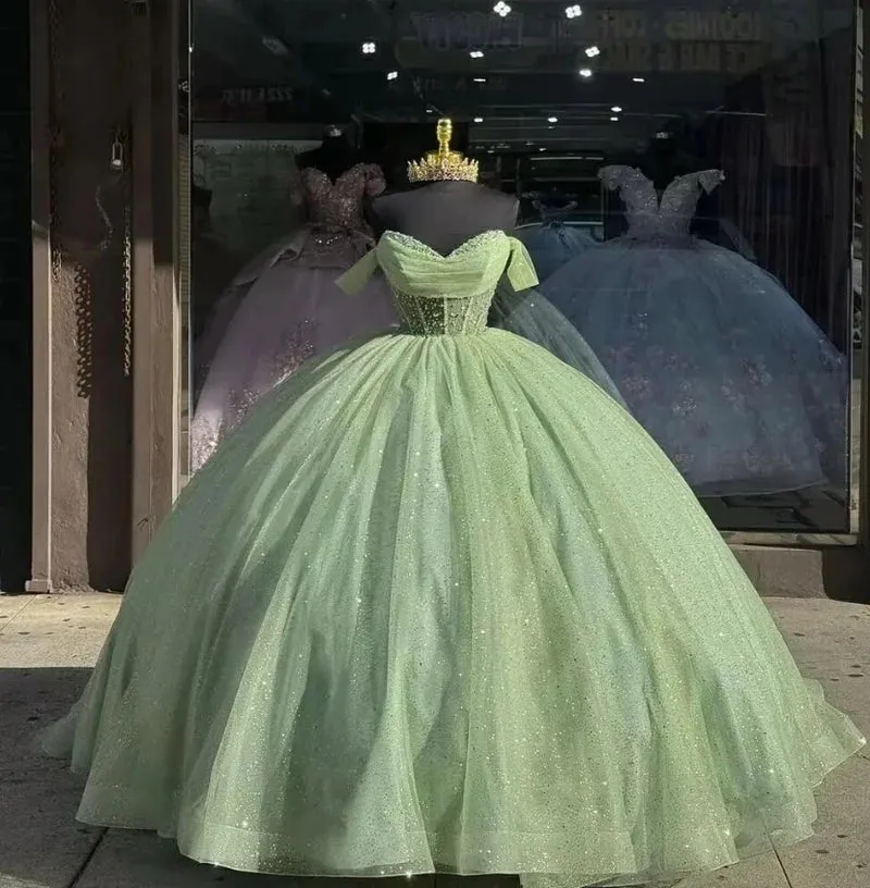 Off the shoulder Glitter Sage Green Quince Dresses Beaded with Bow sold by My Chic Dress