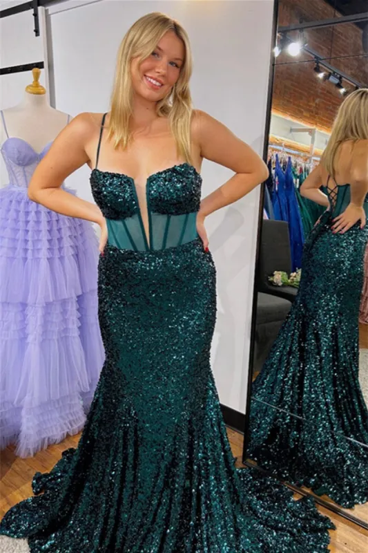 Mermaid Sequin Corset Prom Dress Dark Green Spaghetti Straps sold by My Chic Dress