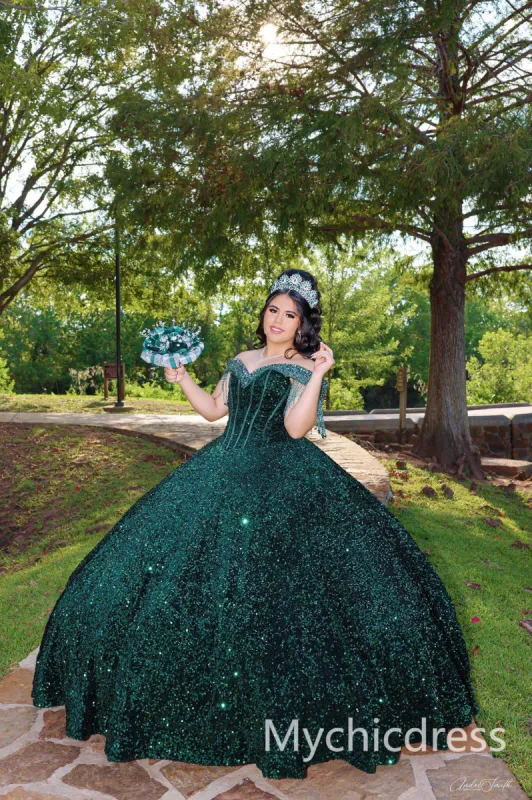 Ball Gown Emerald Green Sequin Quince Dresses Off the Shoulder sold by My Chic Dress
