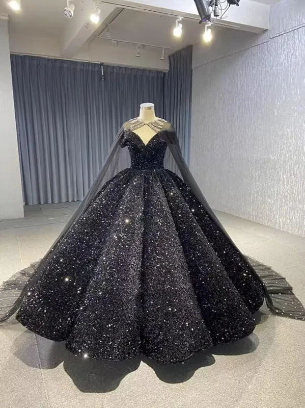 Sparkly Sequin Black Wedding Dress with Cape Off Shoulder Puffy Ball Gowns sold by My Chic Dress