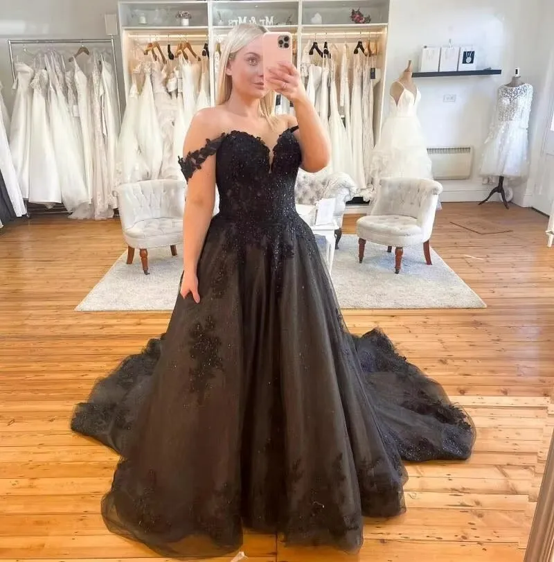 Plus Size Black Gothic Wedding Dress A-line Off The Shoulder Tulle sold by My Chic Dress