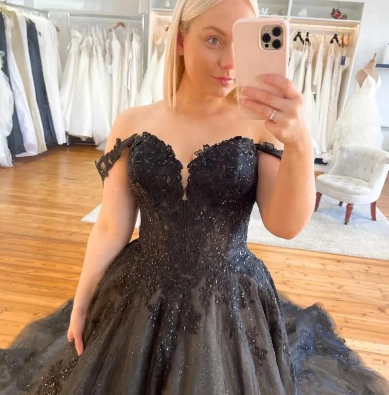 Plus Size Black Gothic Wedding Dress A-line Off The Shoulder Tulle sold by My Chic Dress product image thumbnail 2