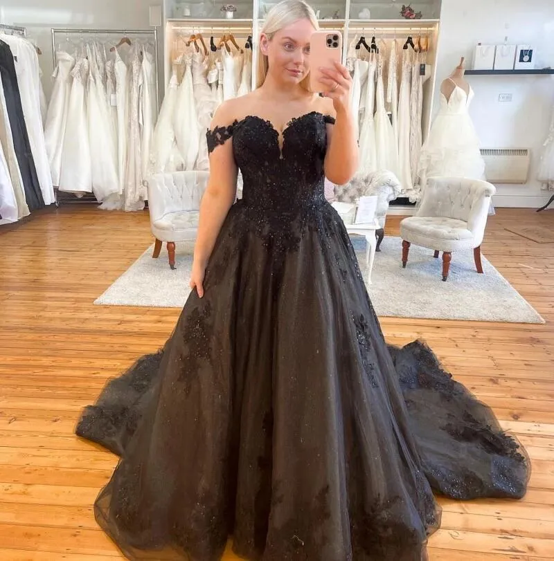 Plus Size Black Gothic Wedding Dress A-line Off The Shoulder Tulle sold by My Chic Dress product image thumbnail 3