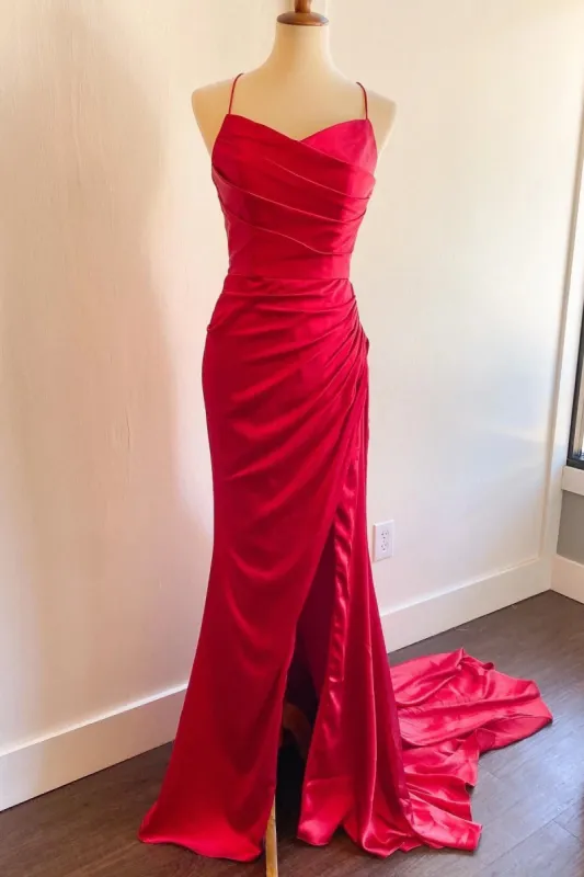 Mermaid Long Red Formal Dresses Ruched Satin for Wedding Guests sold by My Chic Dress