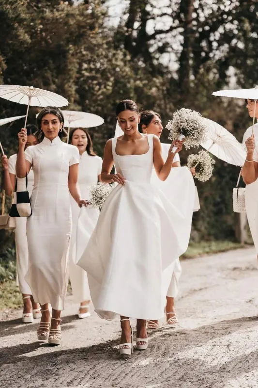 Simple Long White Satin Wedding Dresses A-Line Square Neck sold by My Chic Dress