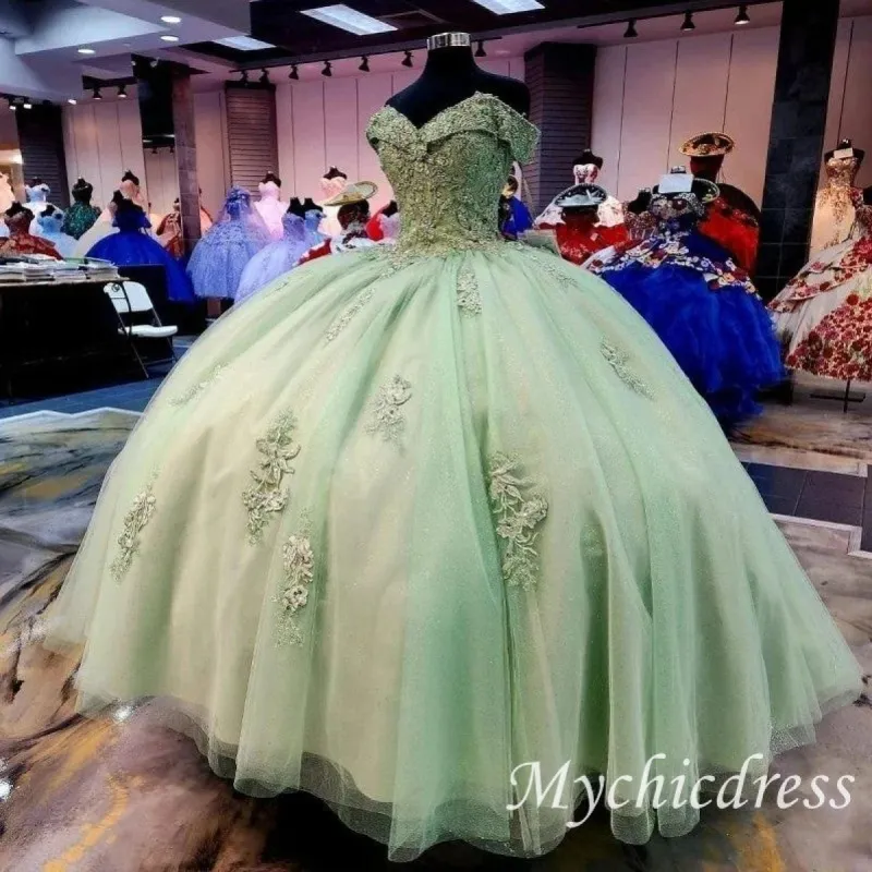Lace Sage Green Bodice Quinceanera Dress Off-Shoulder Sweetheart sold by My Chic Dress