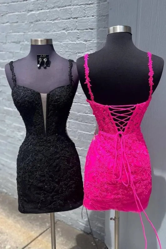 Black Lace Tight Homecoming Dress Spaghetti Straps Applique sold by My Chic Dress