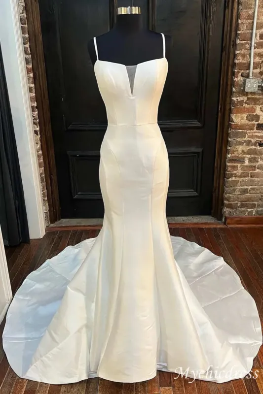 Custom Made Mermaid Long Satin Wedding Dresses Spaghetti Straps sold by My Chic Dress