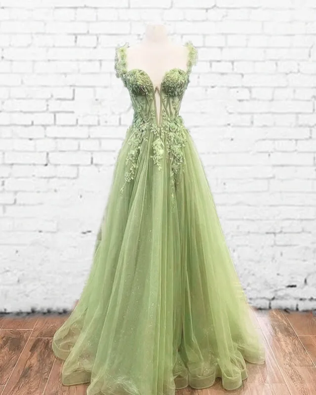 Tulle Sage Green A-line Prom Dresses Lace Appliques sold by My Chic Dress