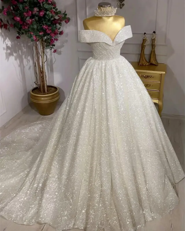 Ball Gown Glitter Ivory Wedding Gown Off Shoulder Sleeveless sold by My Chic Dress