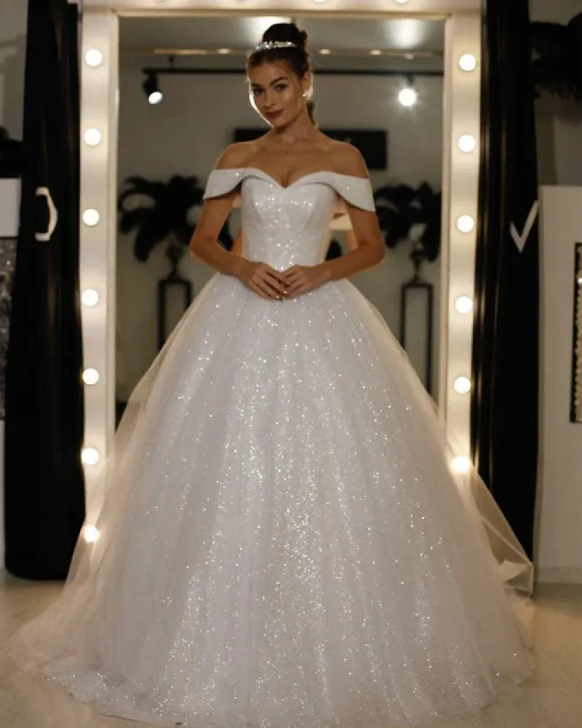 Sparkly Sequin Ball Gown Ivory Wedding Dresses Off The Shoulder sold by My Chic Dress