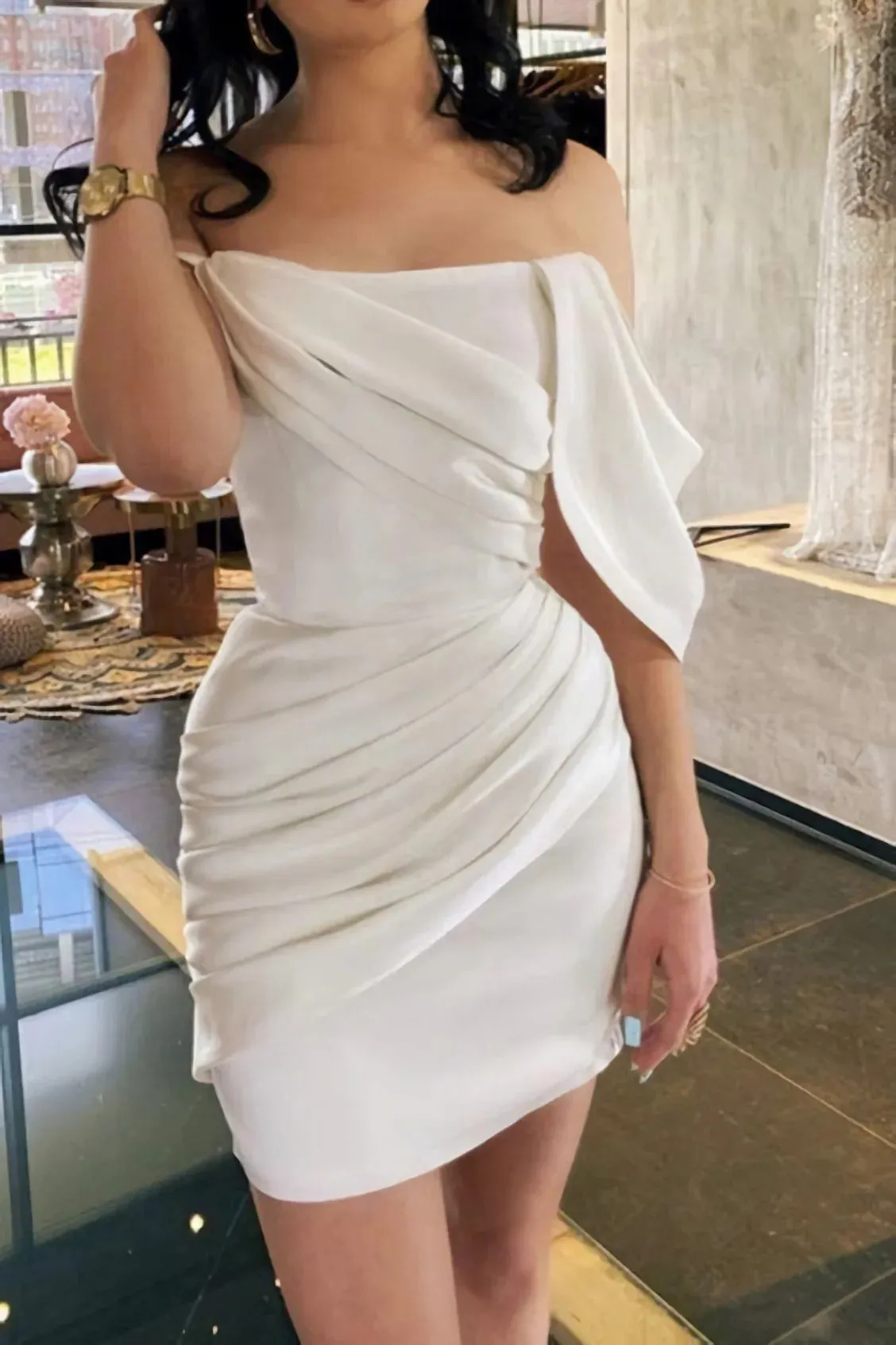 Modern Short Minimalist Wedding Dresses Satin Off The Shoulder sold by My Chic Dress