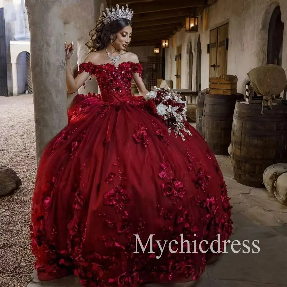 Burgundy Quince Dress Flowers Ball Gown Sweetheart Off the Shoulder sold by My Chic Dress product image thumbnail 3
