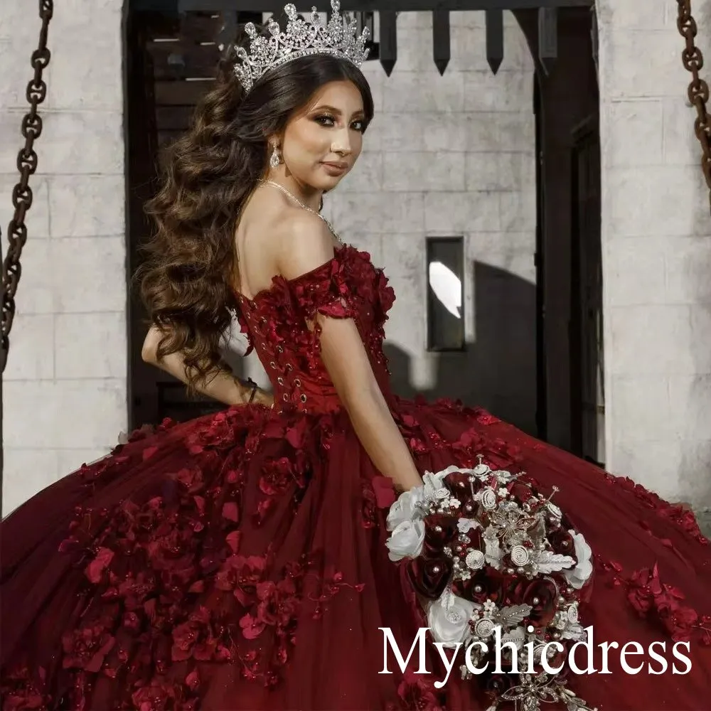 Burgundy Quince Dress Flowers Ball Gown Sweetheart Off the Shoulder sold by My Chic Dress product image thumbnail 4