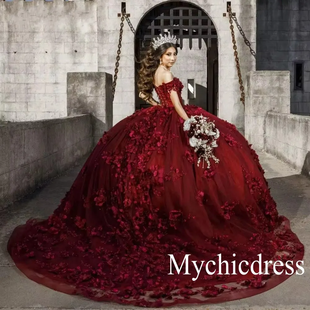 Burgundy Quince Dress Flowers Ball Gown Sweetheart Off the Shoulder sold by My Chic Dress product image thumbnail 5